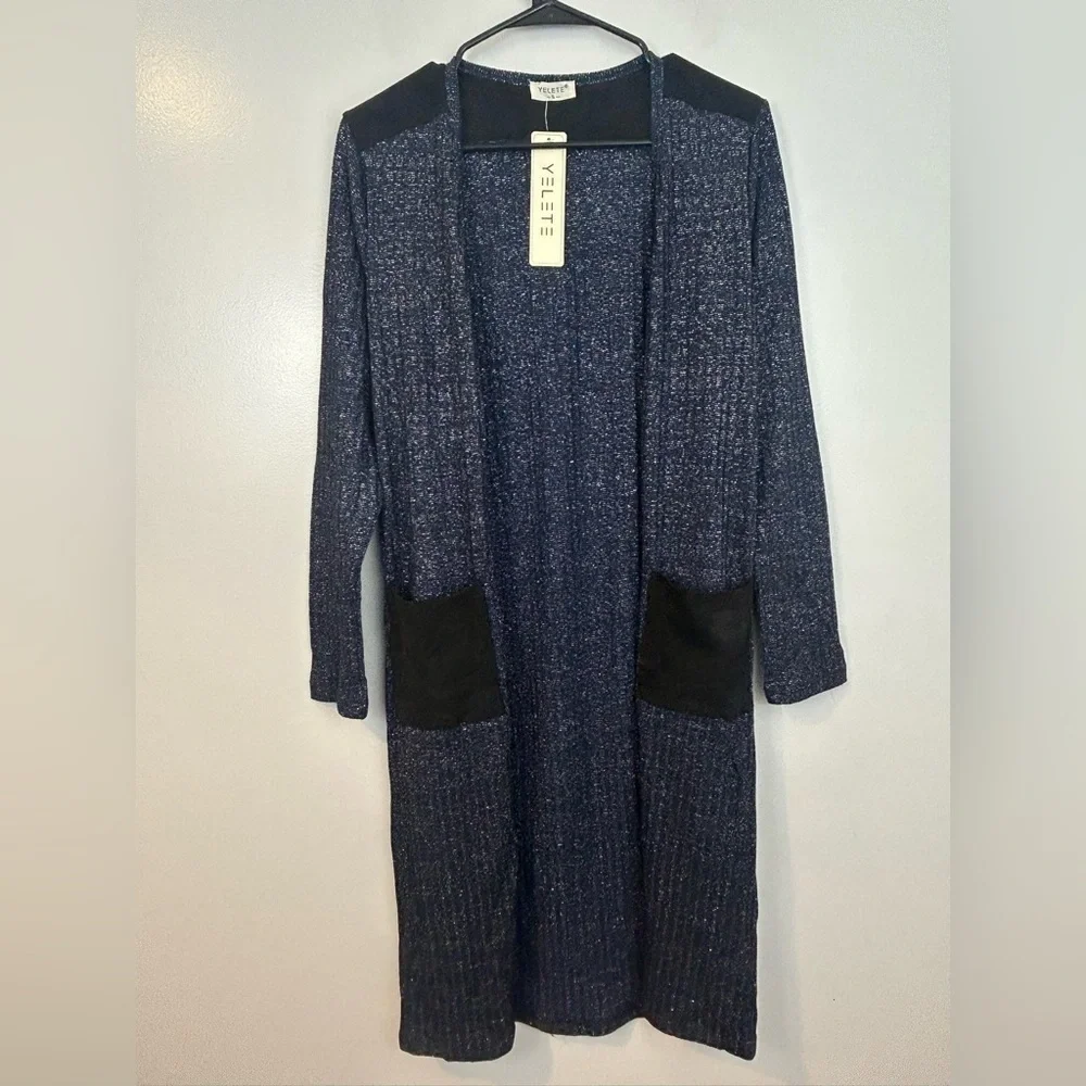 NWT Yelete Navy Blue/Black Metallic Open Front Long Lightweight Cardigan Small